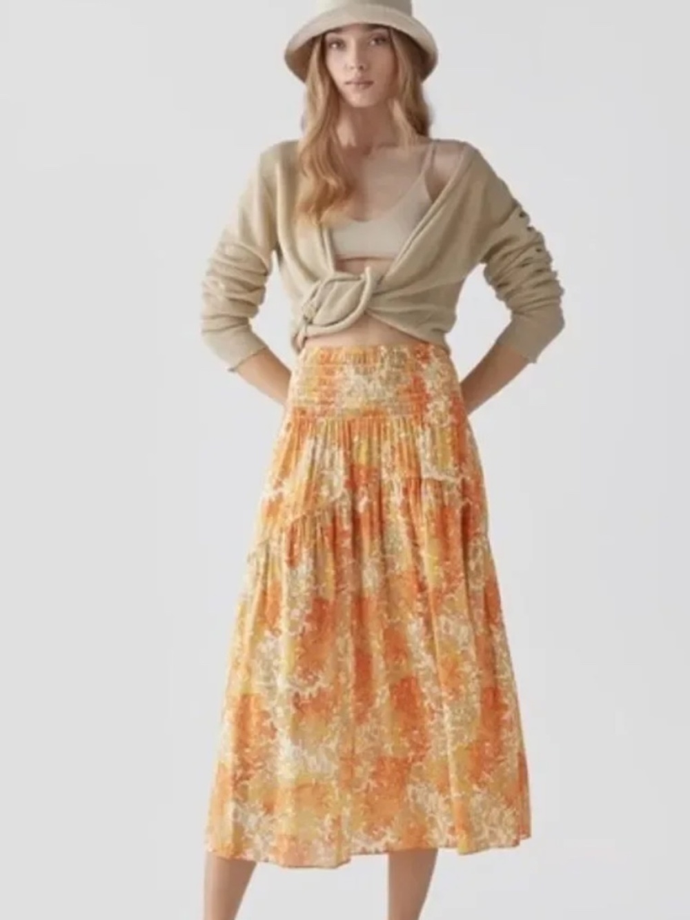 Vince Garden Orange Floral Smocked Waist Tiered Midi Skirt Size Extra Large